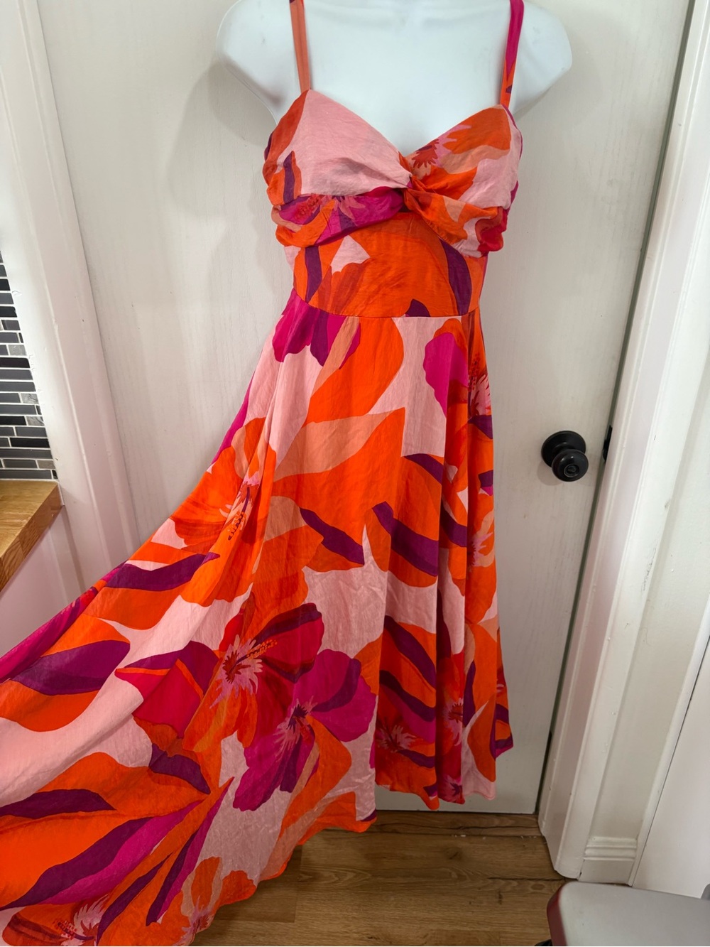 Tropical resort Vibrant Pink & Orange Floral Midi Dress - Sleeveless Sundress